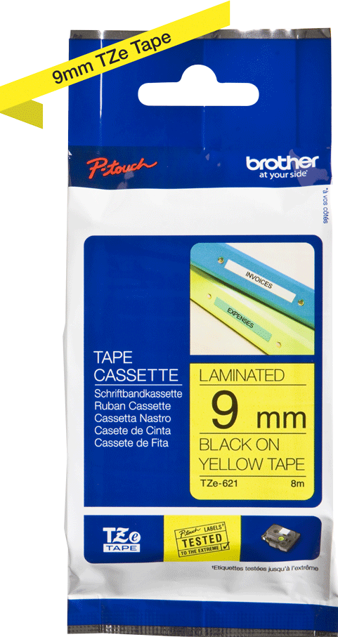 TZe-621 Brother 9mm x 8m Black on Yellow Adhesive Laminated Tape