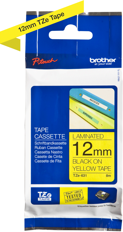 TZe-631 Brother 12mm x 8m Black on Yellow Adhesive Laminated Tape