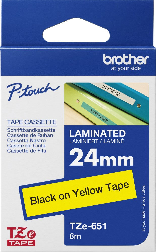 TechWarehouse TZe-651 Brother 24mm x 8m Black on Yellow Adhesive Laminated Tape Brother