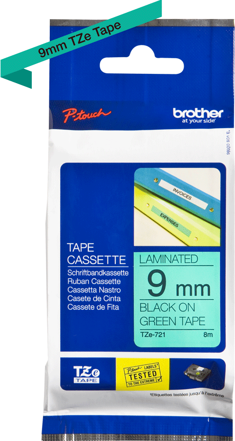 TZe-721 Brother 9mm x 8m Black on Green Adhesive Laminated Tape