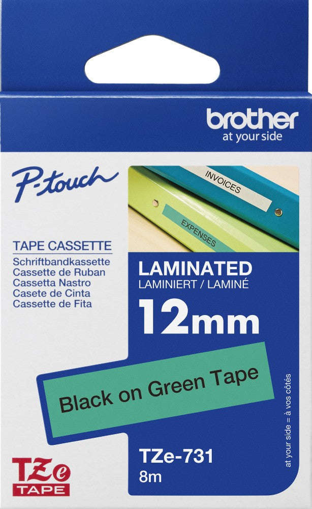 TechWarehouse TZe-731 Brother 12mm x 8m Black on Green Adhesive Laminated Tape Brother