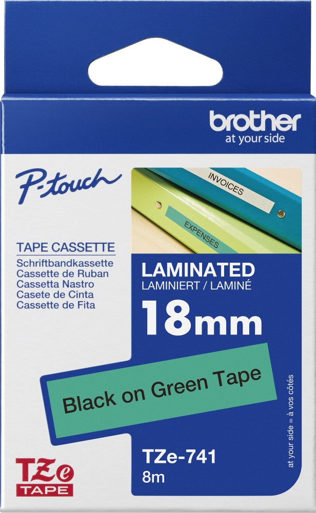 TechWarehouse TZe-741 Brother 18mm x 8m Black on Green Adhesive Laminated Tape Brother