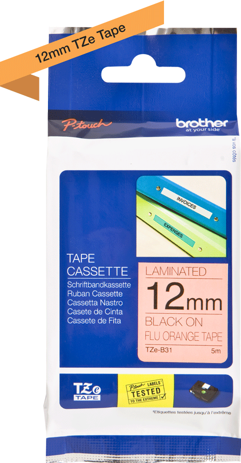 TZe-B31 Brother 12mm x 5m Black on Fluro Orange Adhesive Laminated Tape