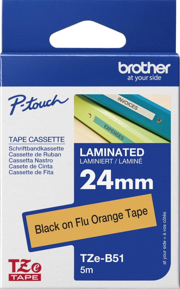 TZe-B51 Brother 24mm x 5m Black on Fluorescent Orange Adhesive Laminated Tape