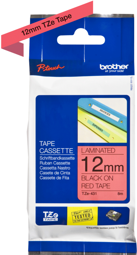 TechWarehouse TZe-431 Brother 12mm x 8m Black on Red Adhesive Laminated Tape Brother