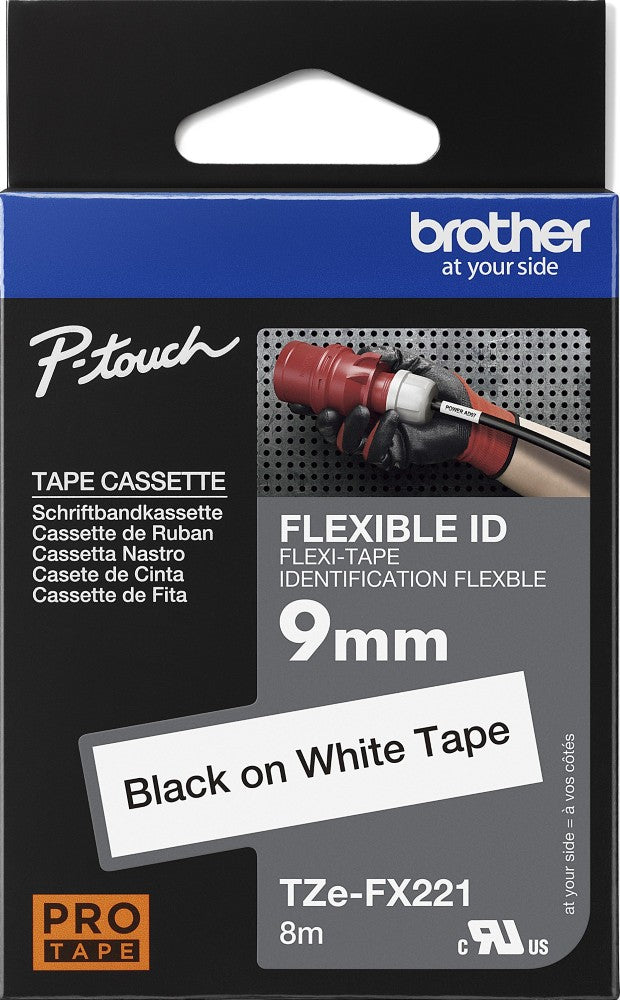 TZe-FX221 Brother 9mm x 8m Flexible ID Tape Black on White