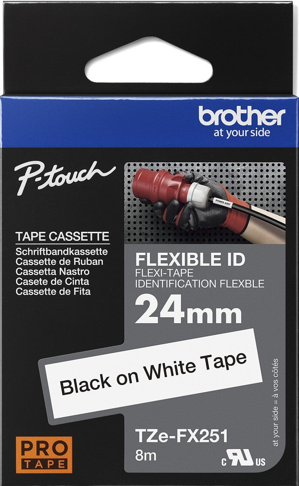 TZe-FX251 Brother 24mm x 8m Black on White Flexi ID Tape