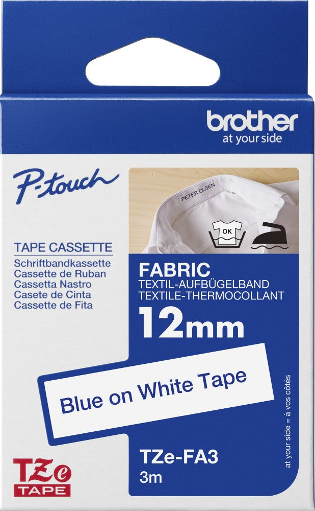 TZe-FA3 Brother 12mm x 3m Blue on White Fabric Tape