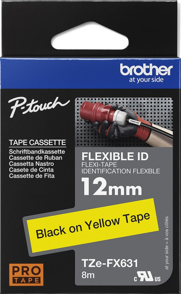 TechWarehouse TZe-FX631 Brother 12mm x 8m Black on Yellow Flexi ID Tape Brother