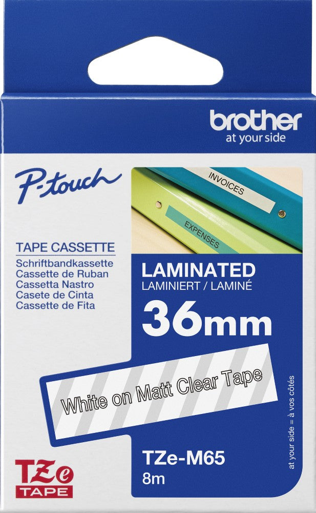 TechWarehouse TZe-M65 Brother 36mm x 8m White on Clear Matt Adhesive Laminated Tape Brother