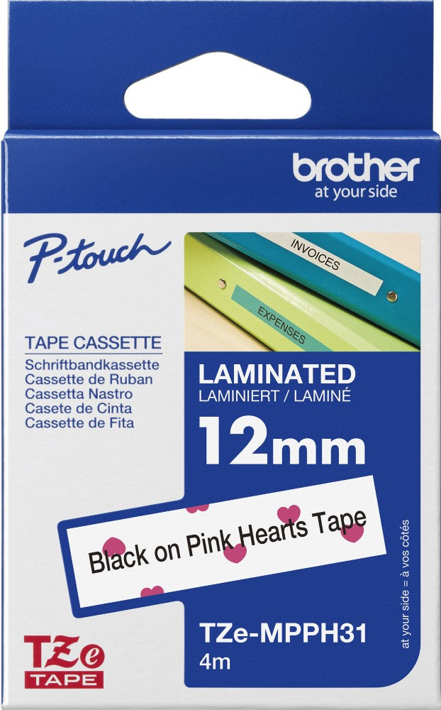 TechWarehouse TZe-MPPH31 Brother 12mm x 4m Black on Pink Hearts Adhesive Laminated Tape Brother