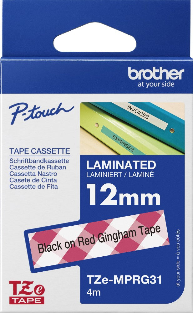 TechWarehouse TZe-MPRG31 Brother 12mm x 4m Black on Red Gingham Adhesive Laminated Tape Brother