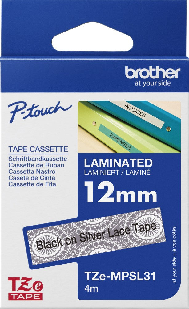 TechWarehouse TZe-MPSL31 Brother 12mm x 4m Black on Silver Lace Patterned Adhesive Laminated Tape Brother