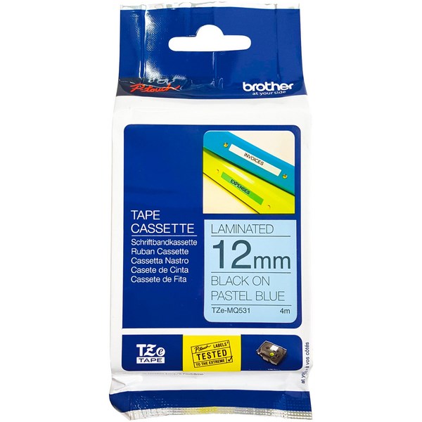 TZe-MQ531 Brother 12mm x 4m Black on Pastel Blue Adhesive Laminated Tape