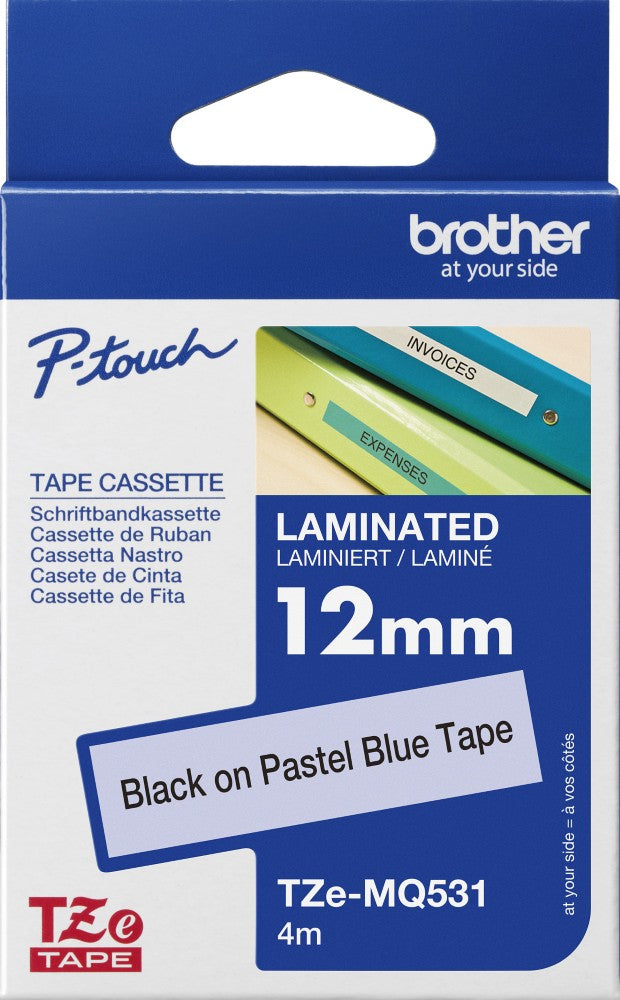 TechWarehouse TZe-MQ531 Brother 12mm x 4m Black on Pastel Blue Adhesive Laminated Tape Brother