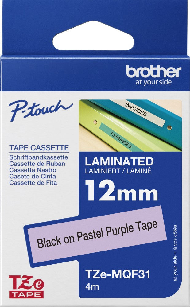 Tze-MQF31 Brother 12mm x 4m Black on    Pastel Purple Tape