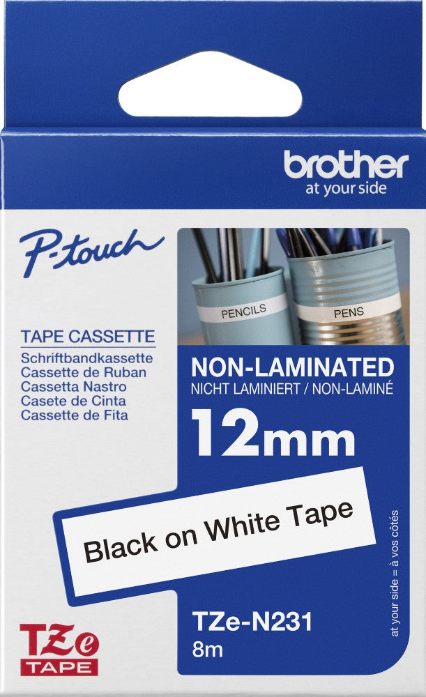 TZe-N231 Brother 12mm x 8m Black on White Adhesive Non Laminated Tape