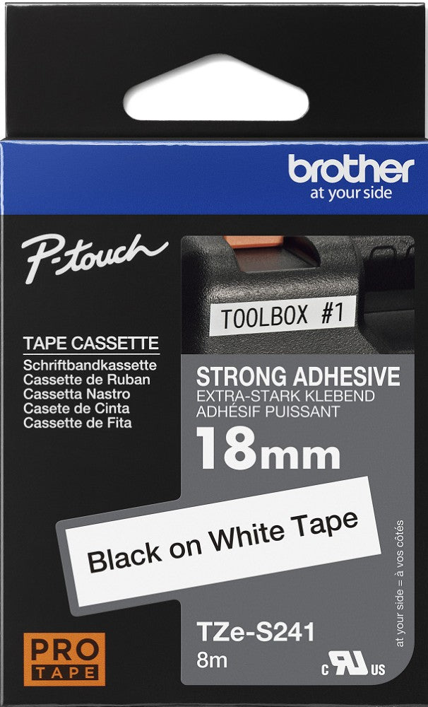 TZe-S241 Brother 18mm x  8m Black on White Strong Adhesive Laminated Tape