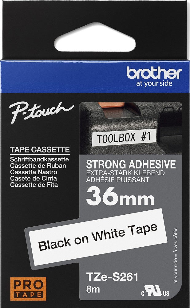 TZe-S261 Brother 36mm x 8m Black on White Strong Adhesive Laminated Tape