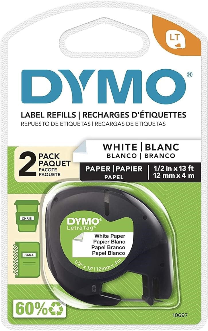 10697 Dymo LetraTag 12mm x4m Paper Labeling Tape White 2 pack