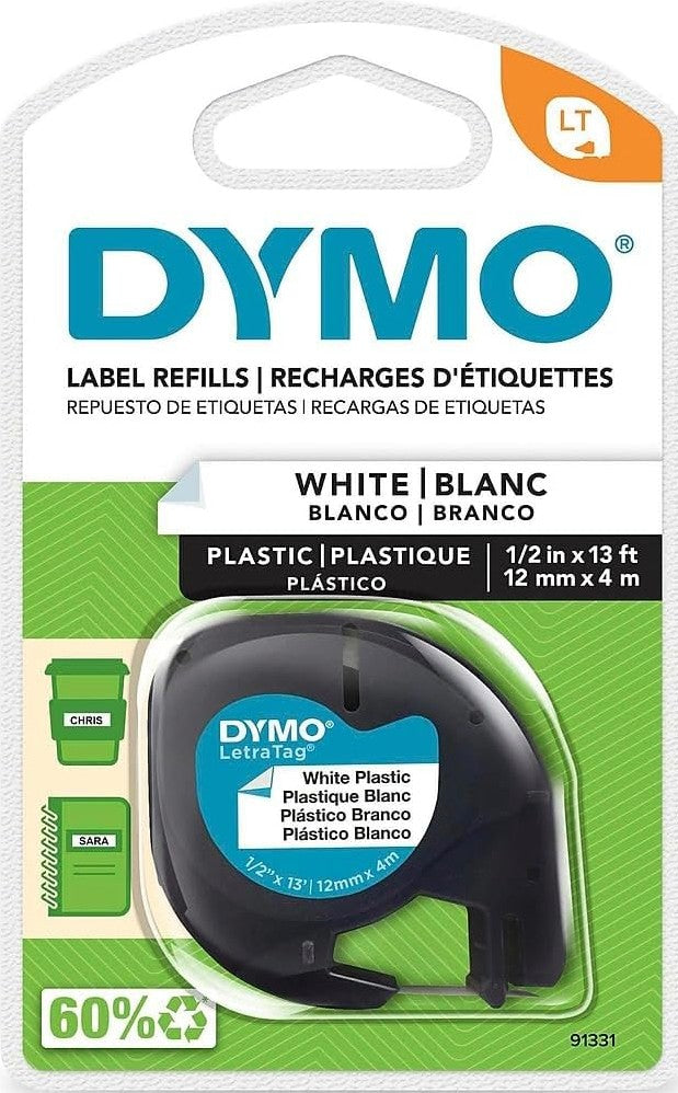 91331 Dymo LetraTag 12mm x 4m Plastic Tape Pearl White