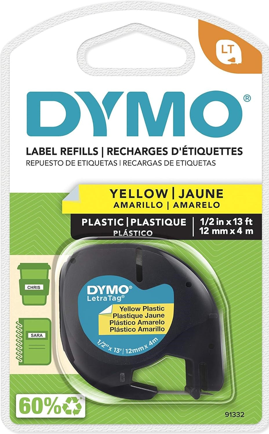 91332 Dymo 12mm x 4m LetraTag Plastic Tape Black on Yellow