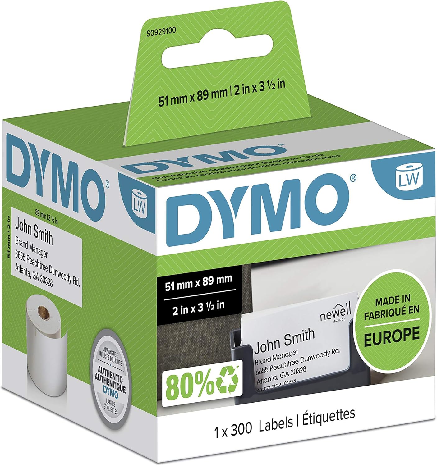 S0929100 Dymo LW 51mm x 89mm Non Adhesive 300 Cards per Roll