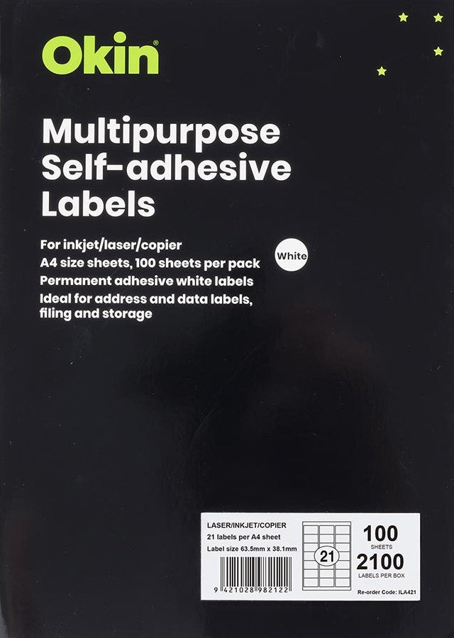 TechWarehouse Okin Labels - 21 Labels per sheet (100 sheets) Okin