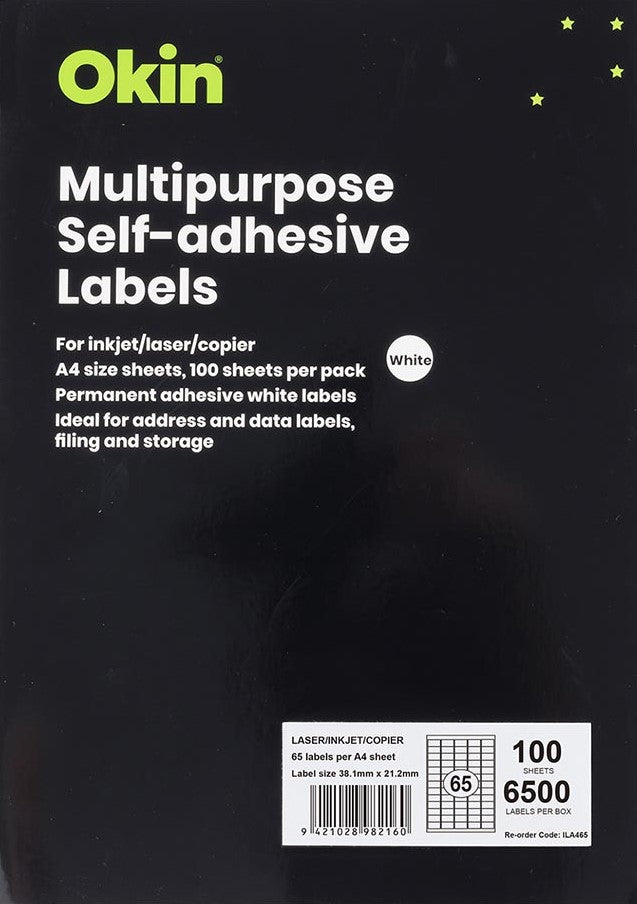 TechWarehouse Okin Labels - 65 Labels per sheet (100 sheets) Okin