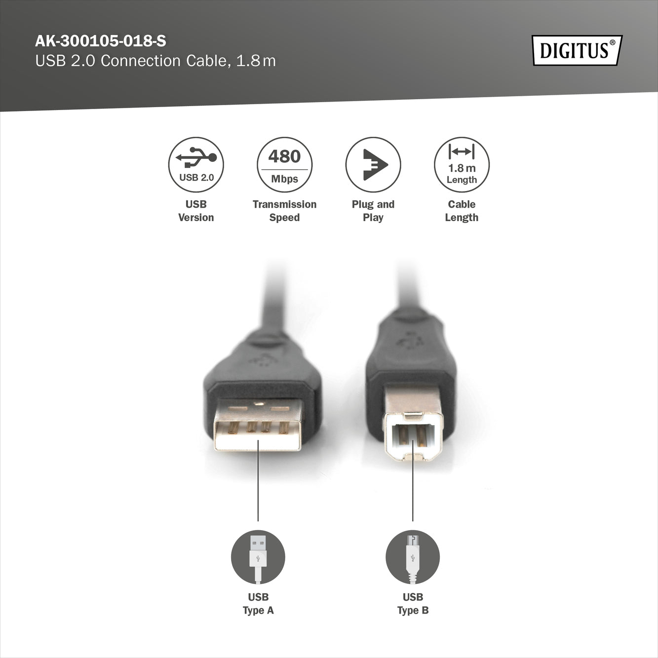 USB 2.0 Type A (M) to USB Type B (M) 1.8m Cable