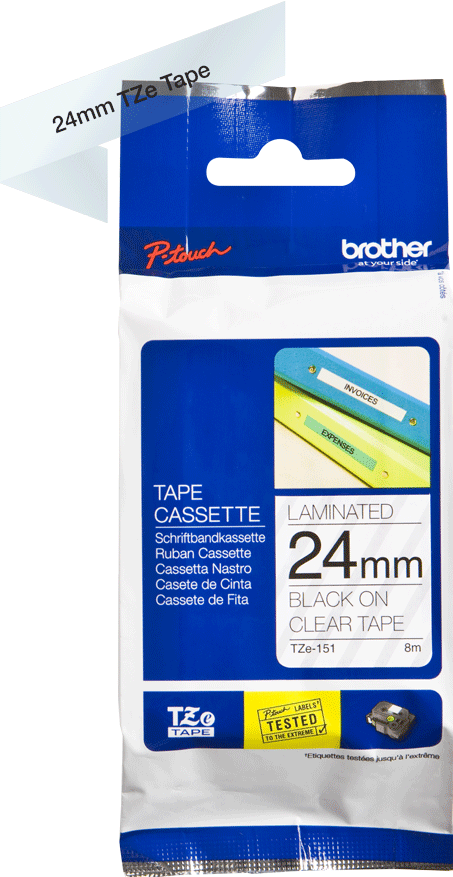 TZe-151 Brother 24mm x 8m Black on Clear Adhesive Laminated Tape