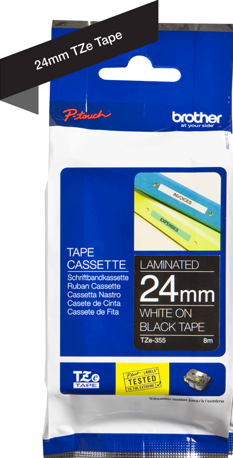 TZe-355 Brother 24mm x 8m White on Black Adhesive Laminated Tape