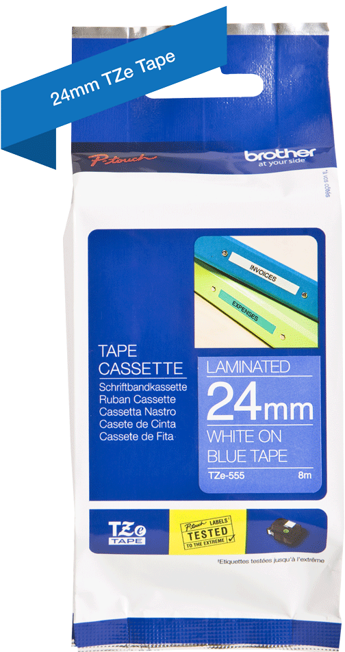 TZe-555 Brother 24mm x 8m White on Blue Adhesive Laminated Tape