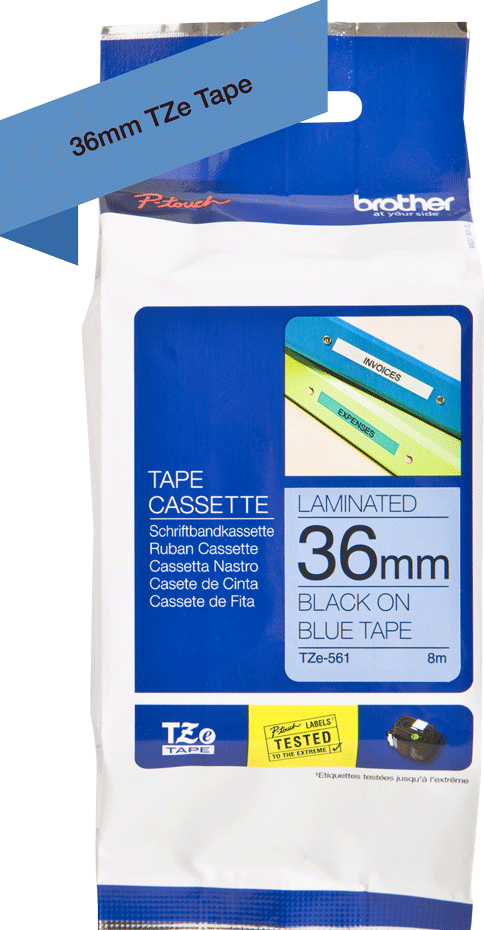 TZe-561 Brother 36mm x 8m Black on Blue Adhesive Laminated Tape