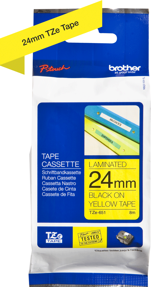 TZe-651 Brother 24mm x 8m Black on Yellow Adhesive Laminated Tape