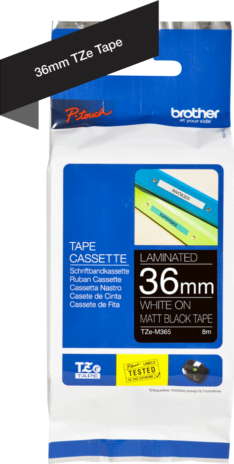 TZe-M365 Brother 36mm x 8m White on Black Matt Adhesive Lamianted Tape