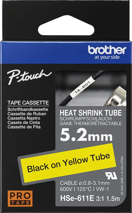 TechWarehouse HSe-611E Brother 5.2mm x 1.5m Black On Yellow Heat Shrink Tube Brother