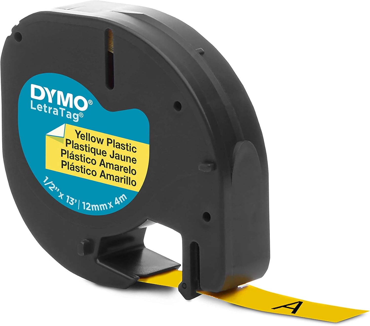 91332 Dymo 12mm x 4m LetraTag Plastic Tape Black on Yellow