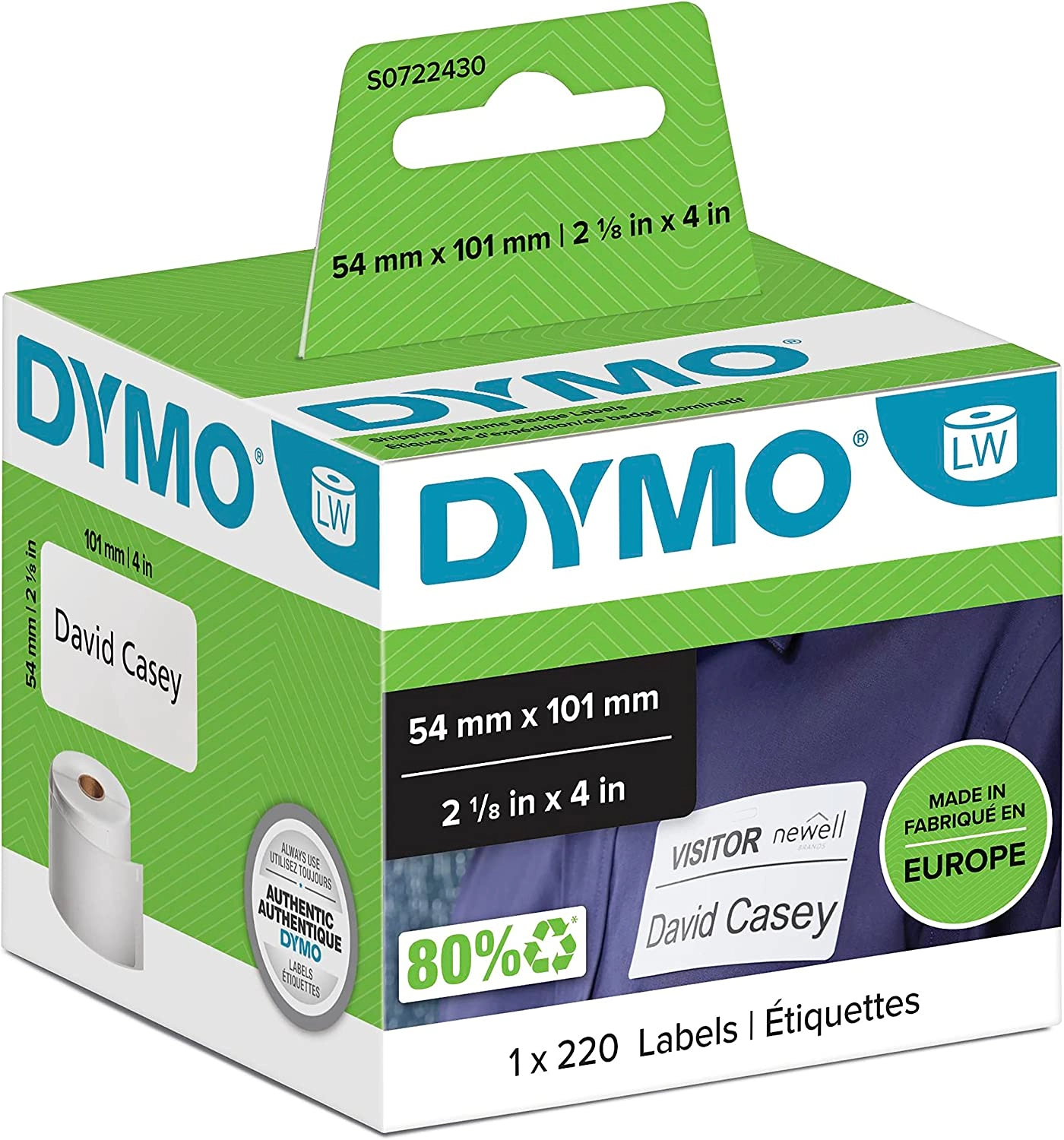 TechWarehouse S0722430 Dymo LW 54mm x 101mm 220 labels per Roll (99014) Dymo